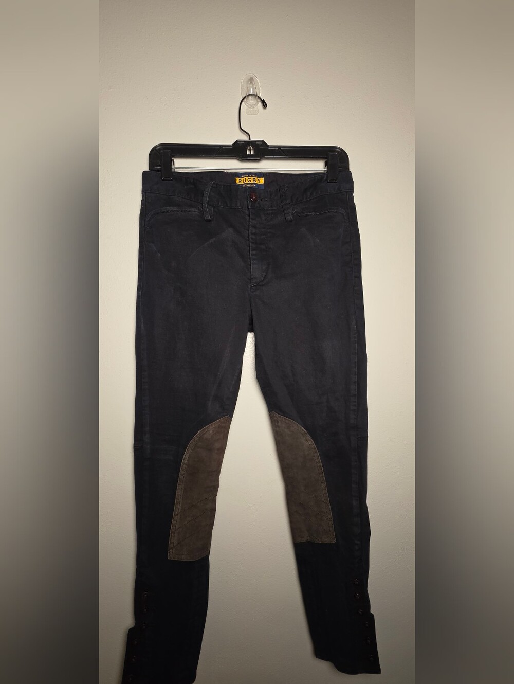 RUGBY Ralph Lauren Black Straight-Leg Riding Pants with Brown Suede Knee Patches